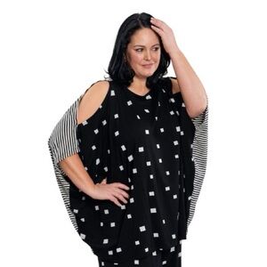 Alembika Boxy Dolman Cutout Top Squares Black White 3X NWT Oversized Stretch